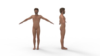 3D rendering of a naked man human being standing and posing with his arms wide spread anatomy Isolated in empty space background.