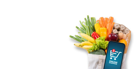 Grocery shopping online food delivery you order purchase vegetarian nutrition or food online mobile application phone buying copy space