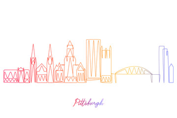 Continuous Single Line drawing of Pittsburg Pennsylvania USA. Simple gradient colored line hand drawn style design for travel and destination concept - obrazy, fototapety, plakaty