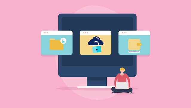 Software encryption - IT professional using laptop, cyber security and data protection concept animated video.