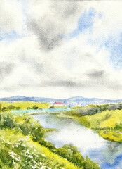 beautiful view on river, fields and mountains watercolor painting
