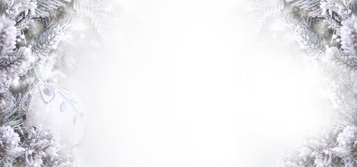 Christmas background with fir tree and festive Christmas toy.Banner. Copy space for text
