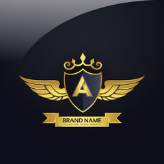 Luxury royal wing Letter A crest Gold colour, Victory logo, crest logo, wing logo, vector logo template.