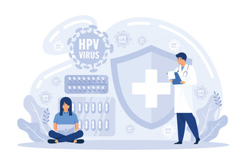 Human papillomavirus prevention, immunity development, antivirus creation. HPV test, HPV vaccination, HPV education programs metaphors. flat vector modern illustration