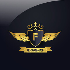 Luxury royal wing Letter F crest Gold colour, Victory logo, crest logo, wing logo, vector logo template.