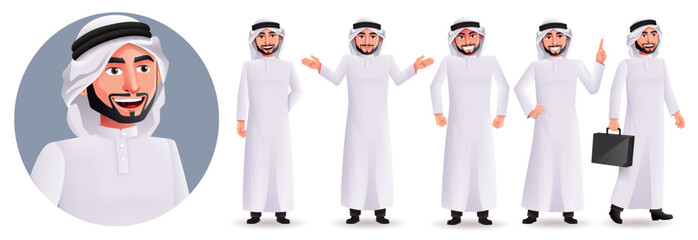 Arab business man vector character set. Arabian male characters with standing pose and friendly gestures for emirates people collection design. Vector illustration.
