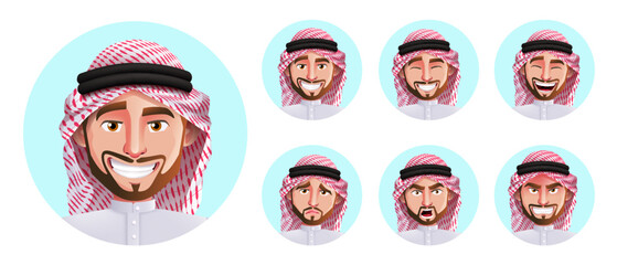 Saudi arab man faces vector set. Arabian characters in smiling, sad, angry and handsome facial expression isolated in white background for emotion design collection. Vector illustration.
