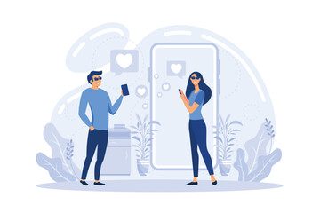 Man and woman using online dating app on smartphone and meeting at table, tiny people. Blind date, speed dating, online dating service concept. flat vector modern illustration - obrazy, fototapety, plakaty