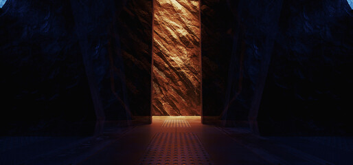 Underground Shelter Gate Nuclear Bunker Hangar Garage Metal Panels Mountain Rock Rough Walls Dark Tunnel Corridor Sci Fi Futuristic Spaceship 3d Rendering