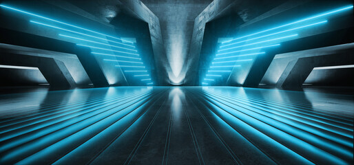 Neon leuchtende Flügel geformte Lichter U-Bahn Sci Fi futuristisches außerirdisches Raumschiff Beton Metall realistisch Tunnel Korridor Flur Ausstellungsraum Lager Studio Hangar Garage 3D-Rendering © IM_VISUALS