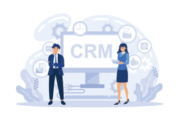 Obraz na płótnie Canvas Manager shakes hands with customer, strategy for interactions with client. Customer relationship management, CRM system, CRM lead management concept. flat vector modern illustration