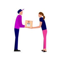 A courier sent a package and it was received by a woman. package delivery graphic illustration