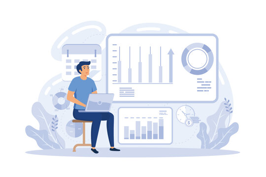 Tiny Business Analysts Discussing Ideas At Laptop With Data. Data Initiative, Occupation In Metadata Study, Data Driven Startup Concept. Flat Vector Modern Illustration