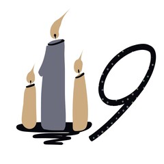 9 number. Merry Christmas advent, icon. Holiday, birthday illustration. Candles.