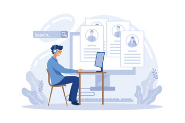 Talent search. HR specialist searching for an applicant using laptop, human resources manager, recruiting process, posting vacancy vector cartoon.flat vector modern illustration