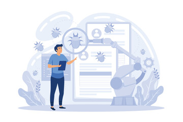 Laptop and software assisting in testing process, tiny people testers. Automated testing, automotive executed test, software auto tester concept. flat vector modern illustration