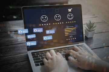 Consumer online review concepts with bubble people review comments and rating or feedback for evaluate.