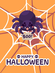 Halloween cute spider and white web on orange background. lovely and spooky kawaii cartoon character. Vector illustration flat design.
