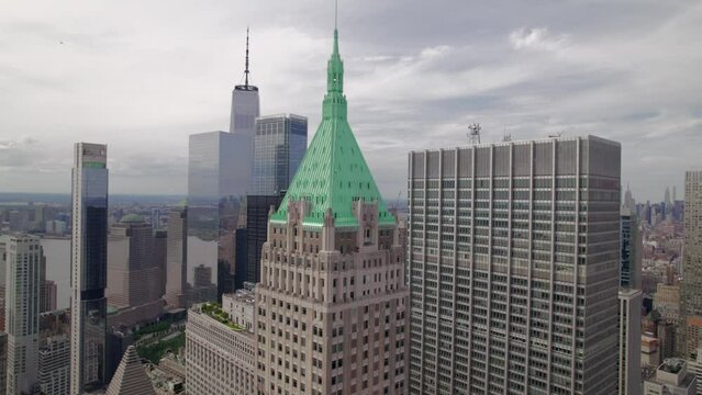 Aerial view on skyscraper of Manhattan New York. Wall street area in New York city