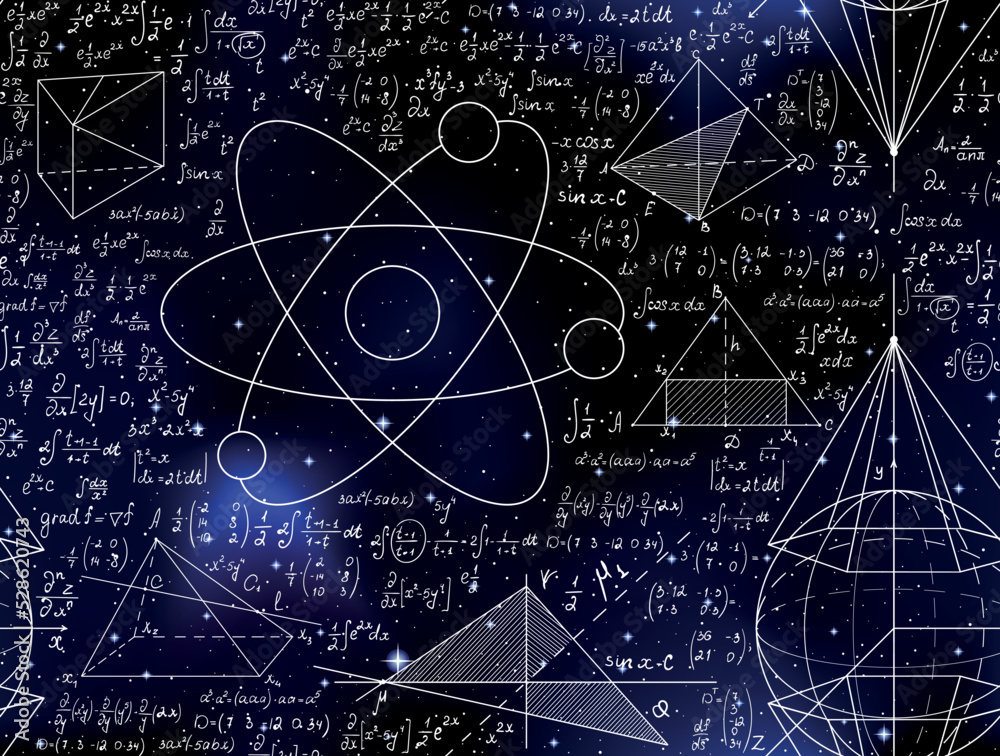 Wall mural scientific vector seamless pattern with handwritten atom formulas, calculations and math figures ove