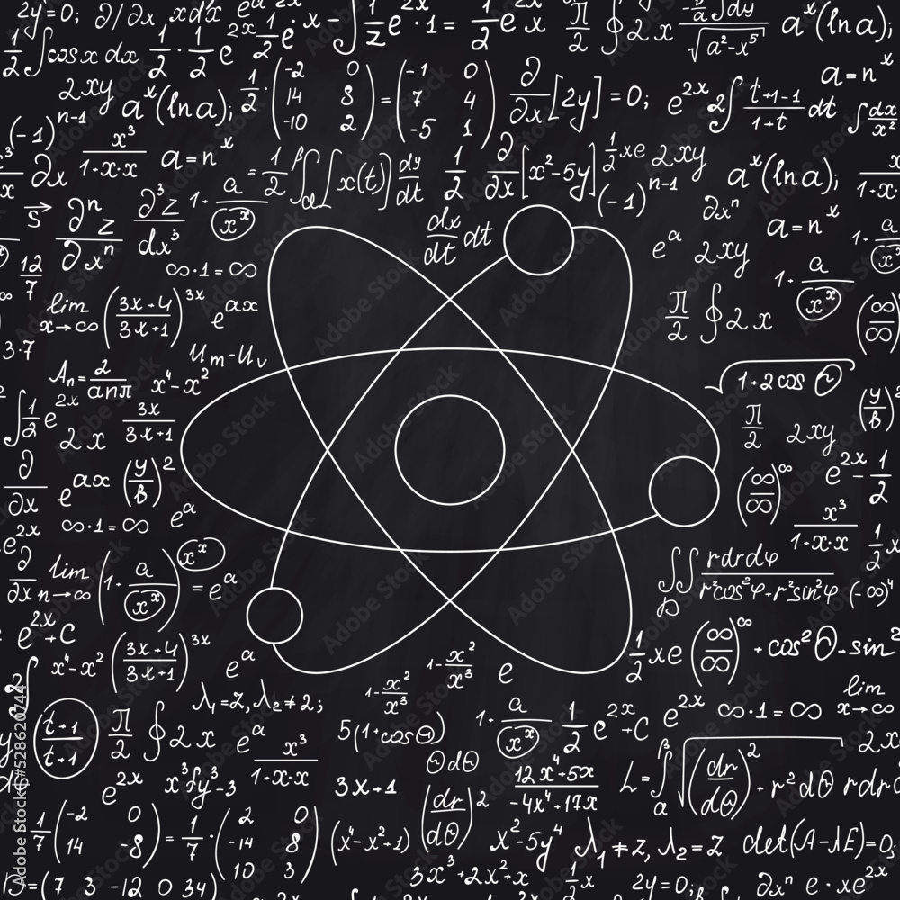 Wall mural math vector seamless background with handwriten atom structure, and other calculations handwritten w
