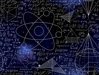 Scientific vector seamless pattern with handwritten atom formulas, calculations and math figures over starry space background