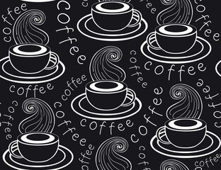 Beverage vector seamless pattern with handwritten coffee cups, aroma smoke and the word "Coffee" in different forms around  the saucers