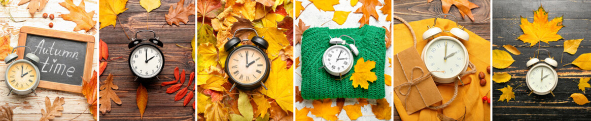 Collage of alarm clocks with autumn leaves, top view