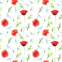 Fototapeta na wymiar Seamlesss pattern with red wild poppies and blue damselflies isolated on white background