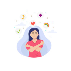 Woman hug and love herself for care about mental health issue vector illustration