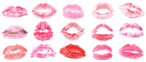 Many prints of color lips on white background