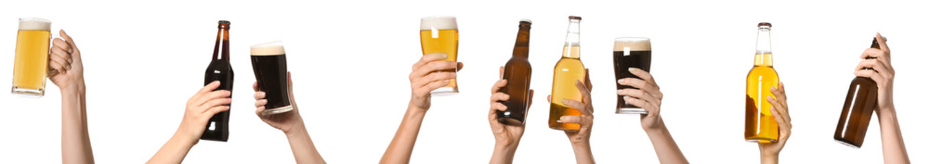 Set of hands with beer on white background - obrazy, fototapety, plakaty