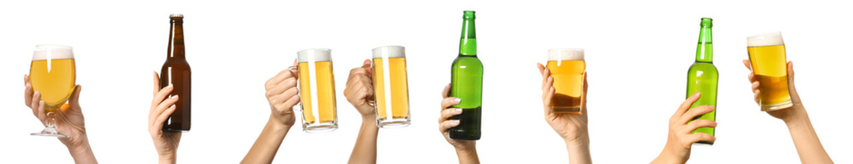 Set of hands with beer on white background