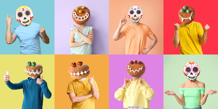 Many people with funny monster cookies instead of their heads on color background. Halloween celebration