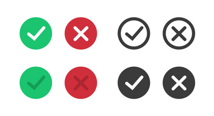 Yes no icon sign vector or ok correct and incorrect red green symbol pictogram, tick check mark verify and cross x wrong fail graphic button circle, dont deny and false true line outline art image - obrazy, fototapety, plakaty