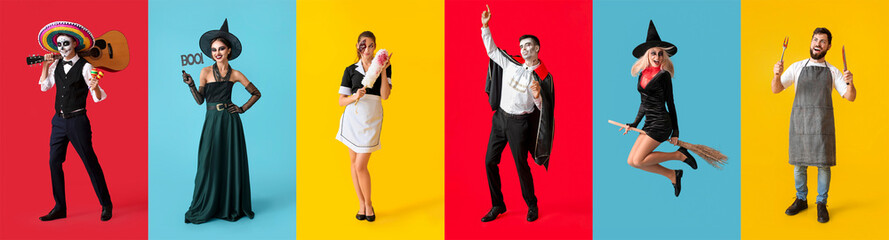 Set of people in Halloween costumes on colorful background