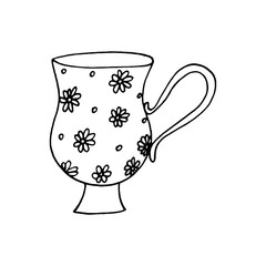 cup with flowers hand drawn in doodle style.