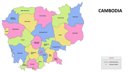 Cambodia Map. State and district map of Cambodia. Detailed colorful map of Cambodia.