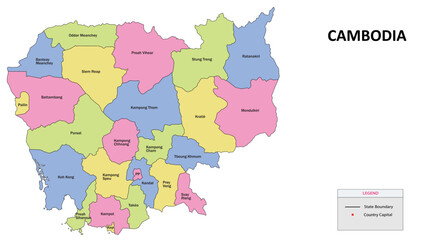 Obraz premium Cambodia Map. State and district map of Cambodia. Detailed colorful map of Cambodia.