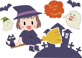 ハロウィン・魔女の仮装をした子供とオバケのイラスト