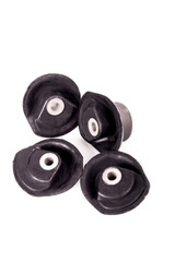 black metal part with rubber bushings for the car, as well as other suspension elements. white background.