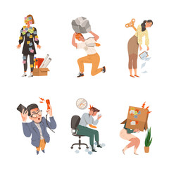 Stressed out Office Employees Overwhelmed with Loads of Duties and Multitasking Vector Illustration Set
