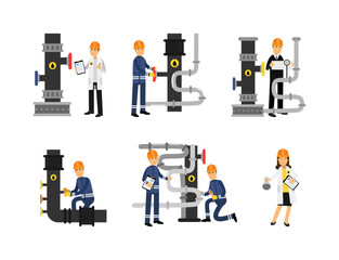 Oil Industry Worker Engaged in Pipeline Maintenance and Technical Inspection Vector Set