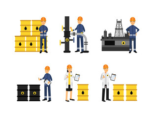 Oil Industry Worker Engaged in Pipeline Maintenance and Technical Inspection Vector Set