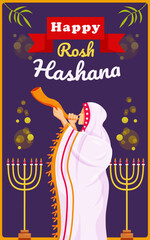 Happy Rosh Hashanah, Jewish man blowing traditional Shofar. Suitable for events