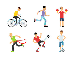 Fototapeta na wymiar People Characters Doing Different Sport Activity Cycling, Roller Skating, Boxing, Running and Football Playing Vector Set