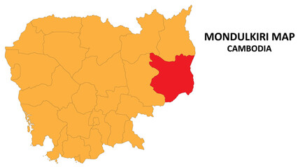 Mondulkiri State and regions map highlighted on Cambodia map.