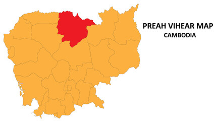 Preah Vihear State and regions map highlighted on Cambodia map.