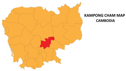 Obraz premium Kampong Cham State and regions map highlighted on Cambodia map.