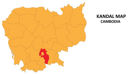 Obraz premium Kandal State and regions map highlighted on Cambodia map.